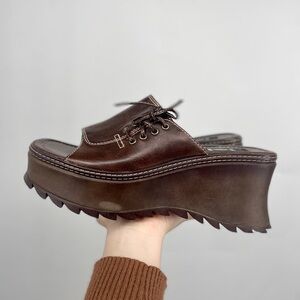 Y2K LEI Womens 10 Faux Leather Chunky Platform Slip On Sandals Slide Brown Emo